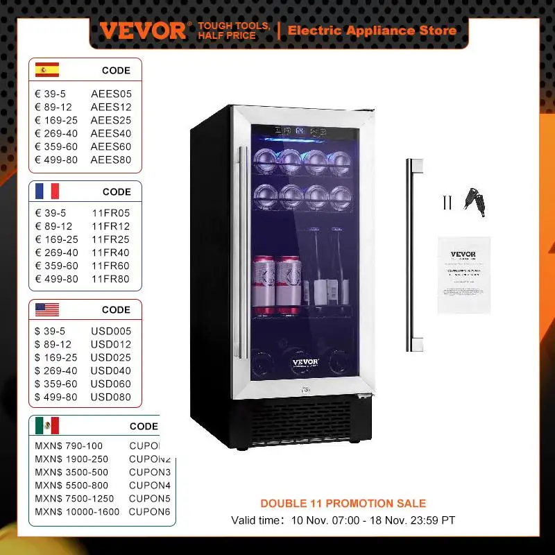 VEVOR Wine Cooler Beverage Cooler Capacity Under Counter Built-in or Freestanding Wine Refrigerator for Home Bar Drink Beer Soda