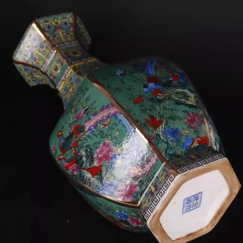 ingdezhen Qing Qianlong المينا الملونة زهرة والطيور زجاجة سداسية مع الخزف الحرفية العتيقة المفروشات المنزلية والعتيقة