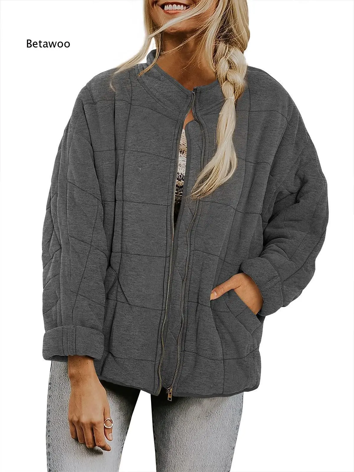 Ladies Drop Shoulder Quilted Outer Jacket Stand Collar Zip Front With Pockets For Daily Commute And Casual Going Out Looks