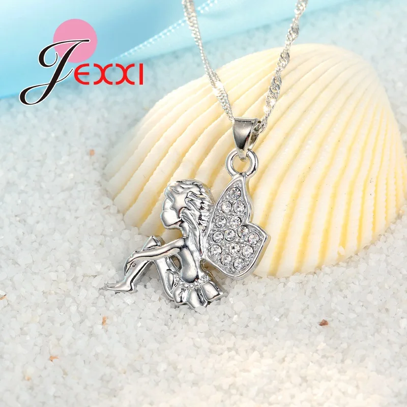 925 Sterling Silver  Austrain Crystal Little Fairy Cute Elf Pendant Necklace Hoop Earring Jewelry Set Engagement Bijoux