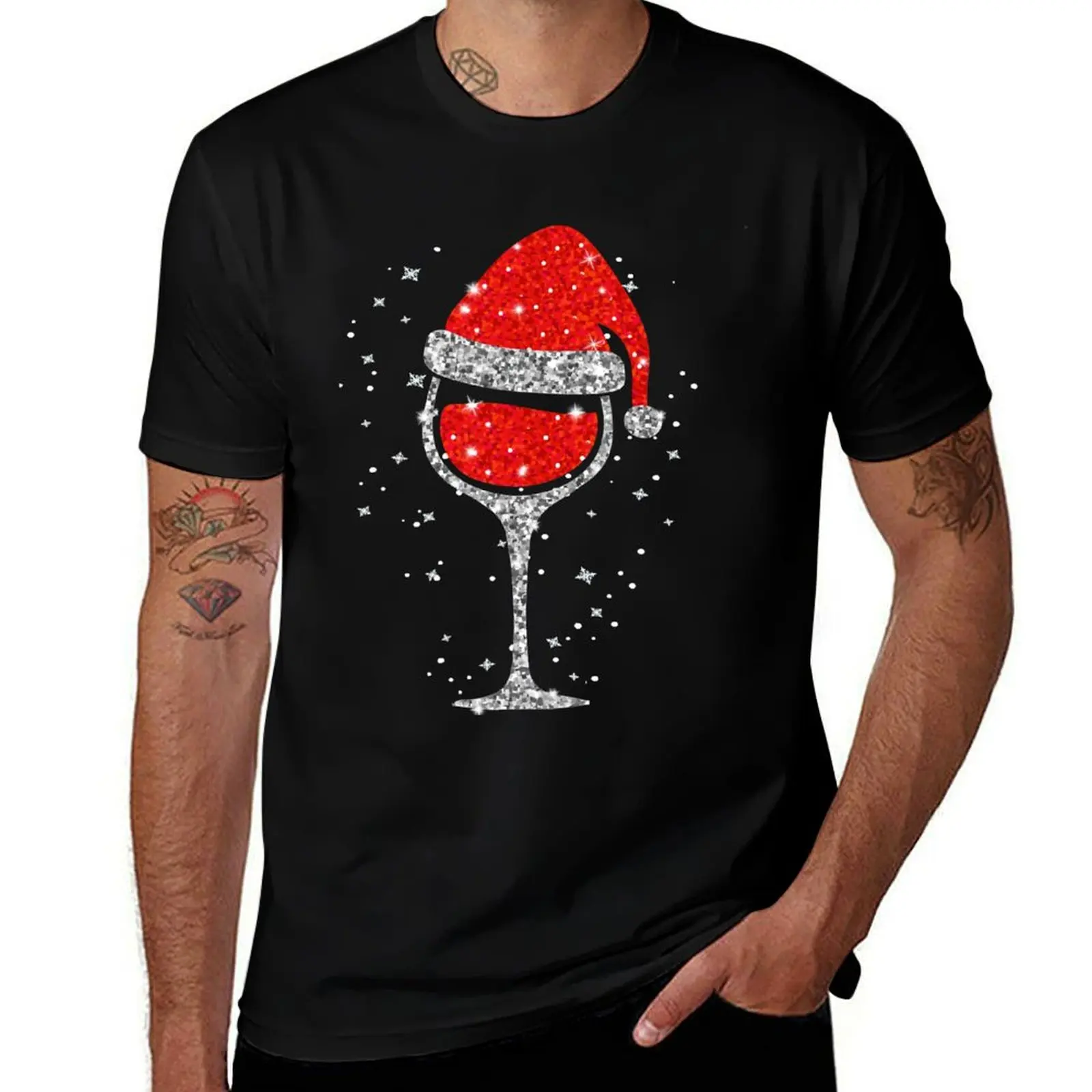 

Christmas Wine Glass Snowflakes Santa Hat Red Wine T-Shirt t shirts for man graphic cars man t shirt designer
