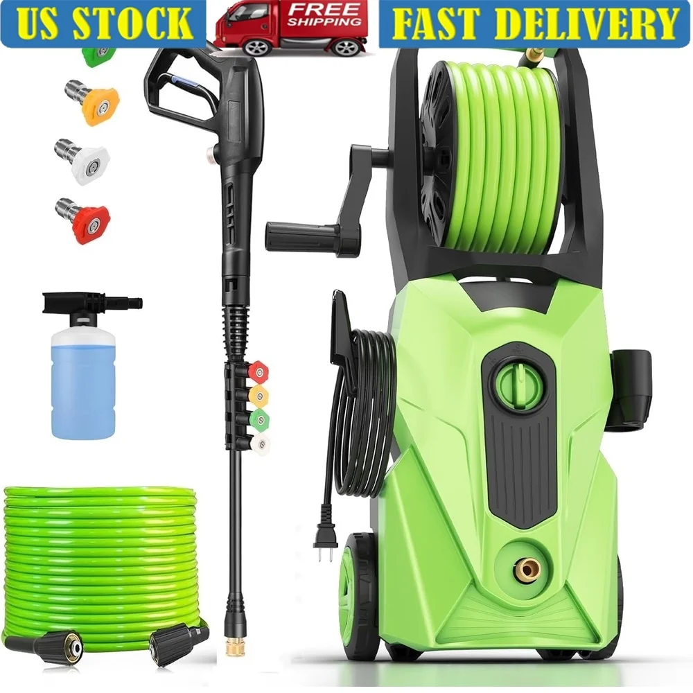 

5000PSI Electric Pressure Washer with 33FT Hose Reel 4 Nozzles Upgraded Spray Gun Total Stop System Efficient Cleaning
