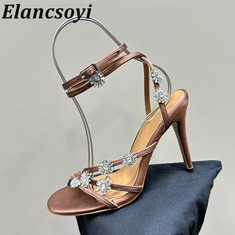 

Summer Genuine Leather Exposed Toe Ankle Strap Sandals Women's Crystal Decoration Thin Heel Sandalia Sexy Party Dress Shoes