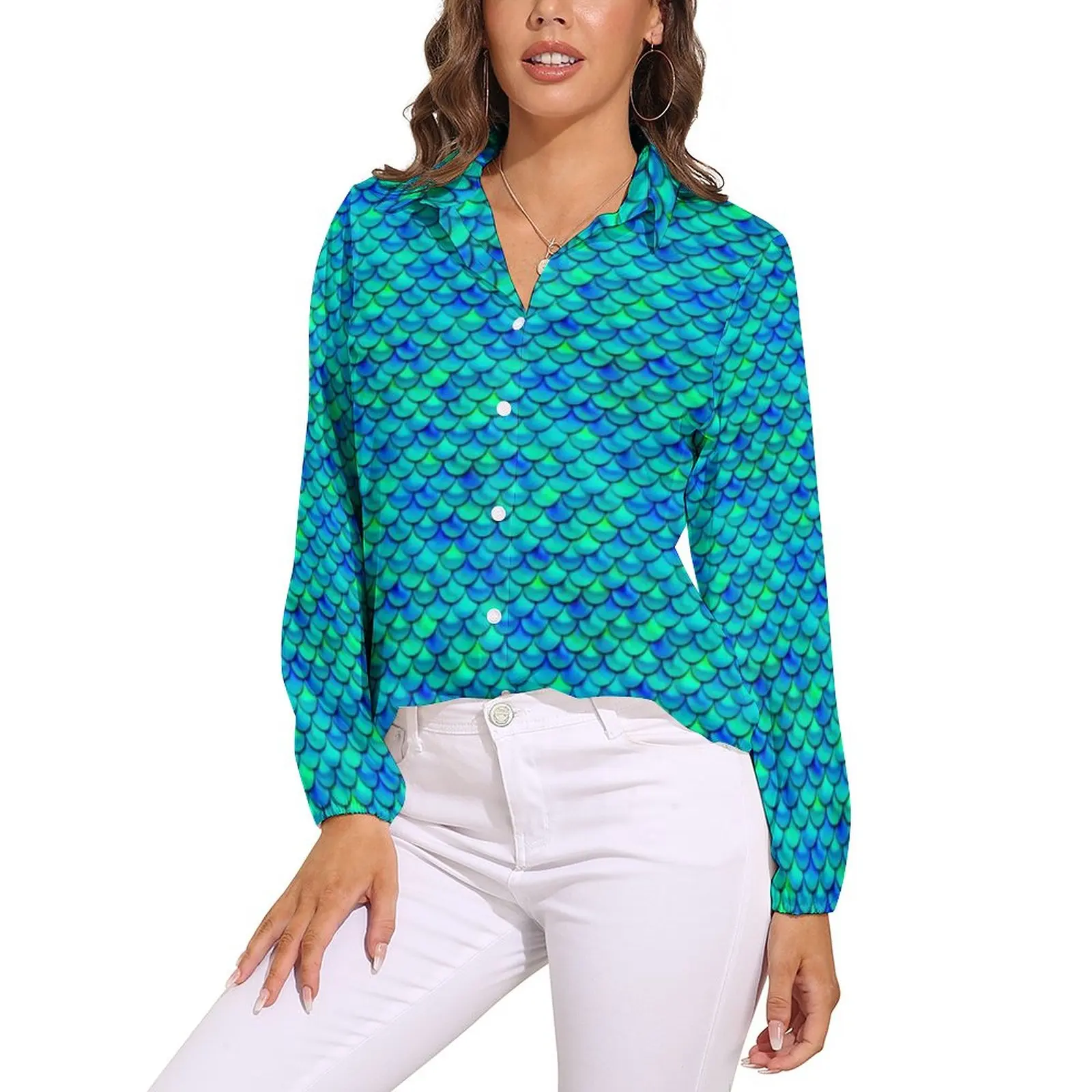 Colorful Mermaid Blouse Aqua Blue Scales Office Print Blouses Women Long-Sleeve Casual Shirts Summer Oversized Clothing 2XL 3XL