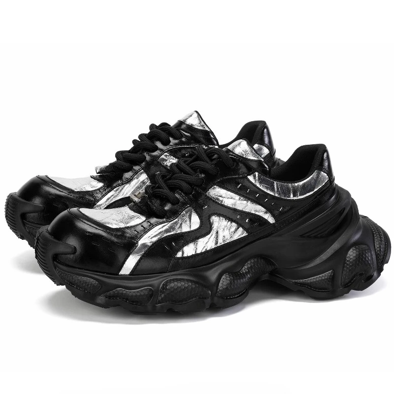 

European/American Silver Designer Sports Casual Shoes for Men's Genuine Leather Thick Bottom Comfortable Height Increasing Shoes