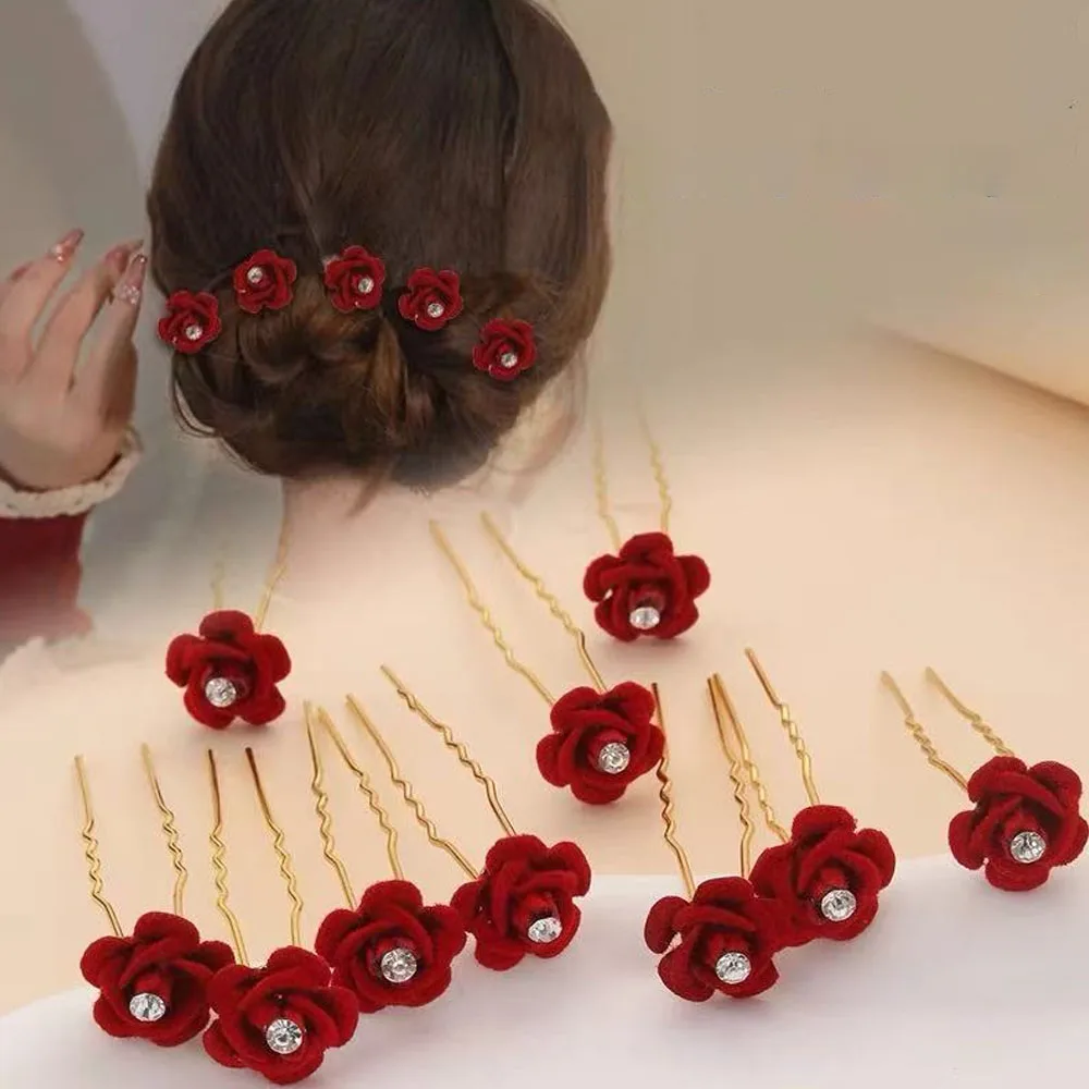 10Pcs Rose Hair Accessories Wedding Bride Hairpins Flower Hair Clips Red Velvet Clips For Women Elegant Pin Diamond Barrettes