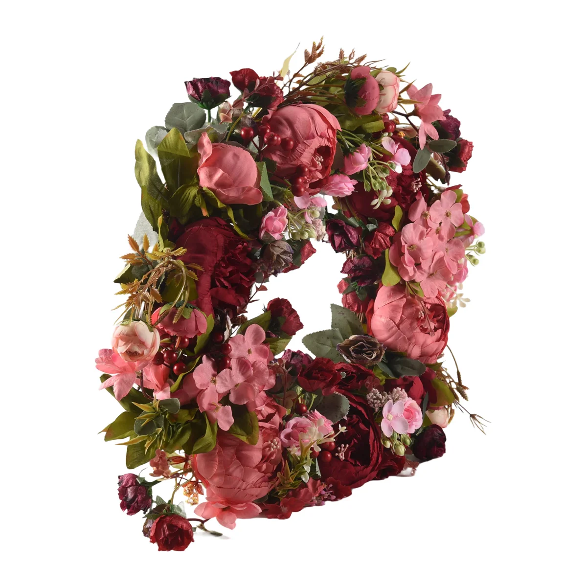 Decorative Door Wreath,Silk Flower Peony Flower Wreath 40cm Handmade Garland for Autumn Winter Outdoor Display Red