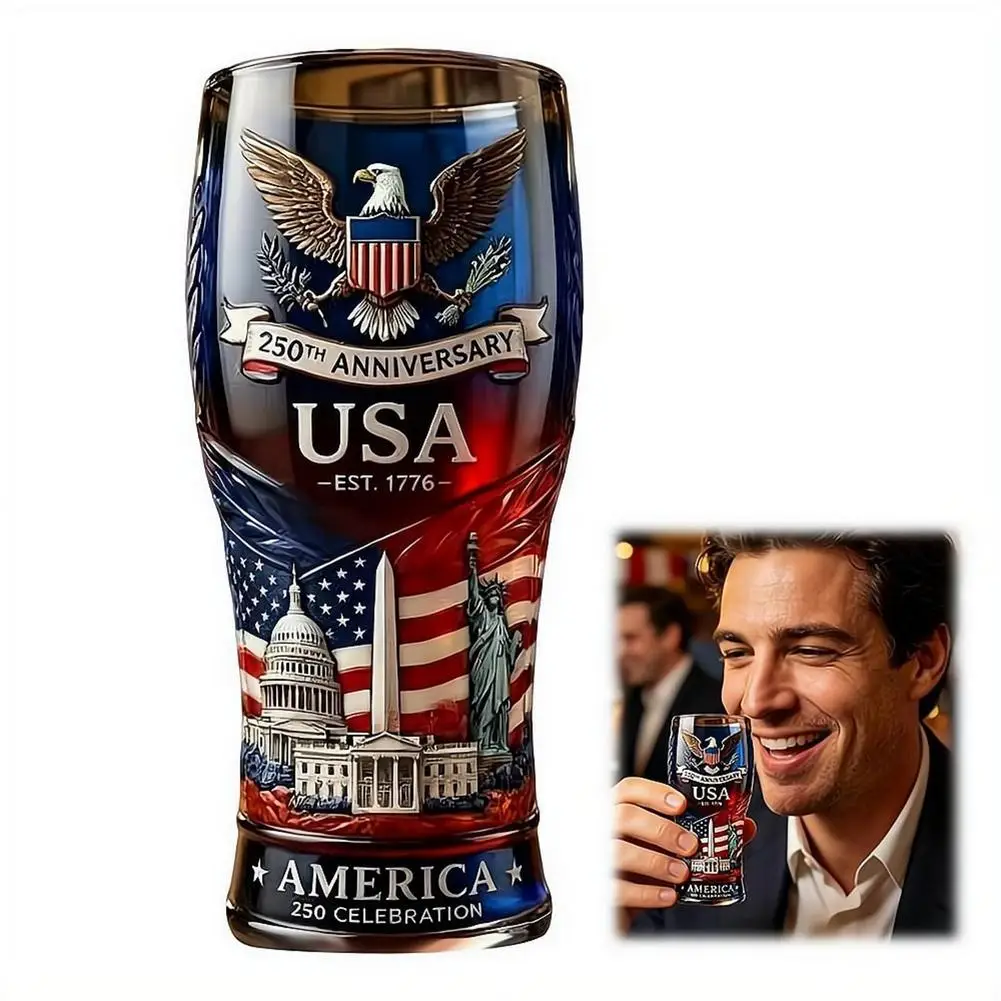 USA 250th Anniversary Patriotic Pint Glass Bald Eagle American Flag Landmarks Printed Beer Cup Independence Day Commemorative