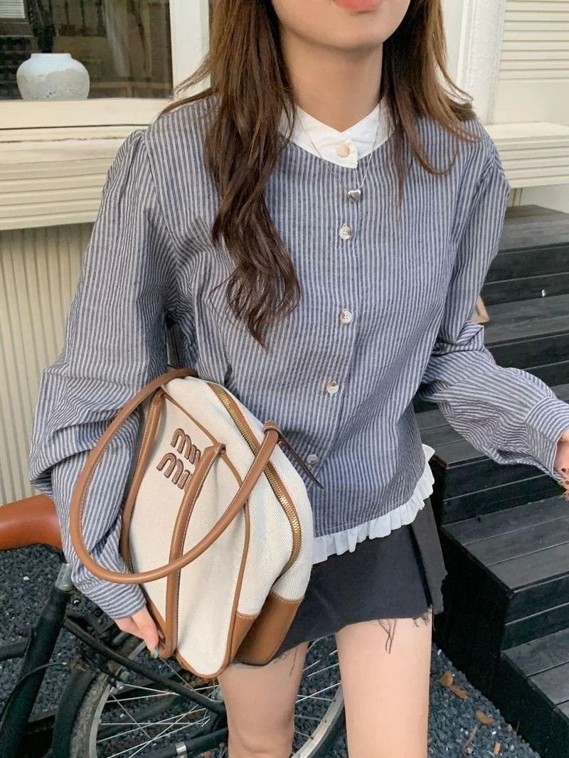 Spring New Style Sweet Match Color Korean Striped Short Sleeve Long Shirt round Neck Women's Top Casual Comfortable Polyester