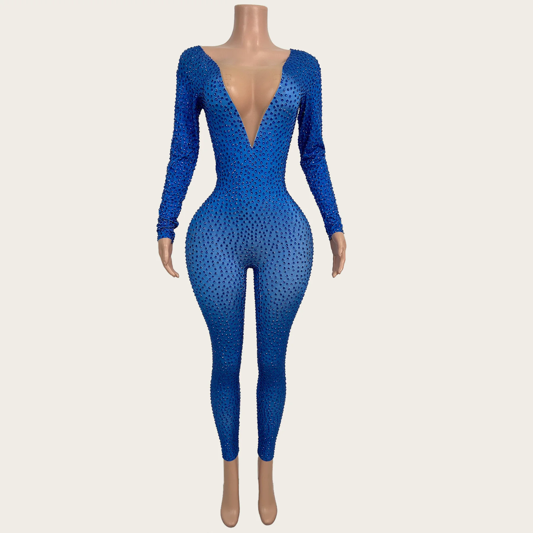 

Blue Spandex Elastic Low-cut Jumpsuit Party Stage Show Dance Tight Fitting Jumpsuit Club Showgirl Wear Carnival Outfit Lanyekong