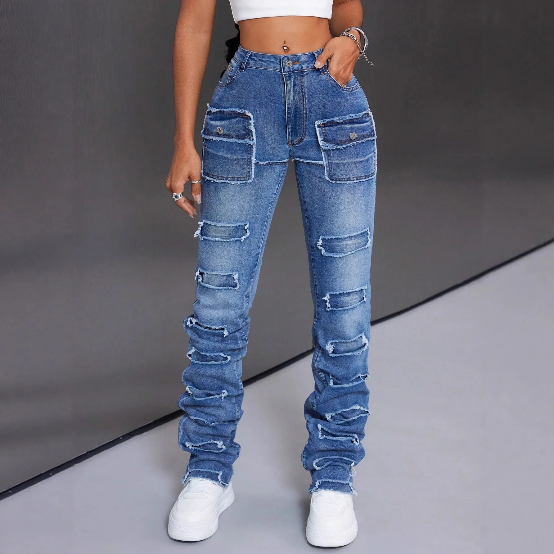 Jeans Straight Pants Women Double Hole Denims Trousers Streetwear High Waist Stretch Distressed Washed 2025 Vintage Floor Length