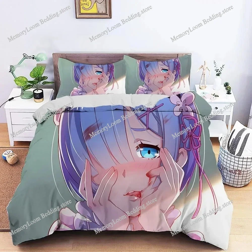 Anime Character Cute Re Zero Rem Ram Bedding Set Full/Queen/King Size Duvet Cover Pillowcase Kids Adult Soft Home Textile Set