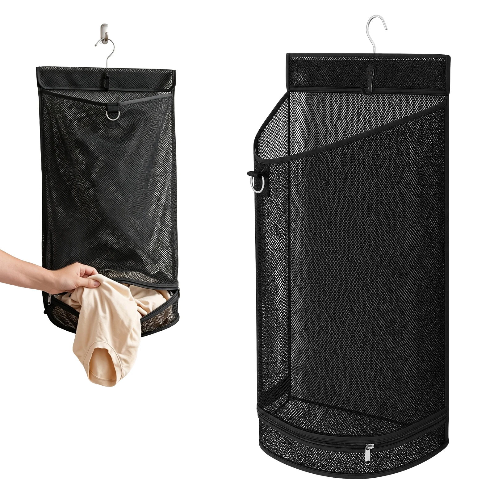 Hanging Laundry Basket Foldable Mesh Storage Bag with Rotatable Hook and Bottom Zipper Closet Organizer Children Toys Storage