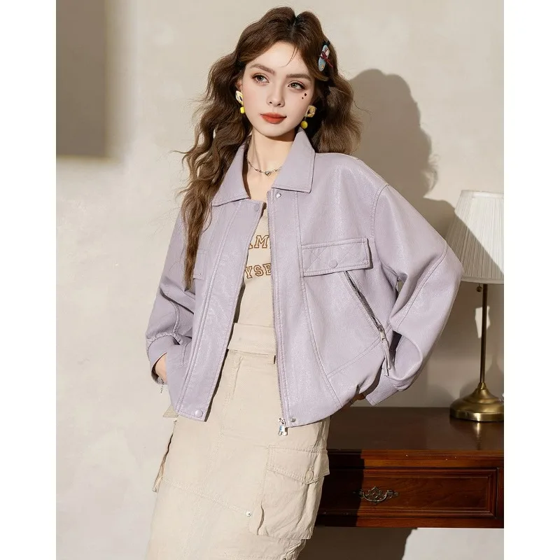 Retro Leather Jacket for Women 2026 Spring and Autumn New Style High-end Short Lapel Petite PU Leather Jacket Trendy Top Simple