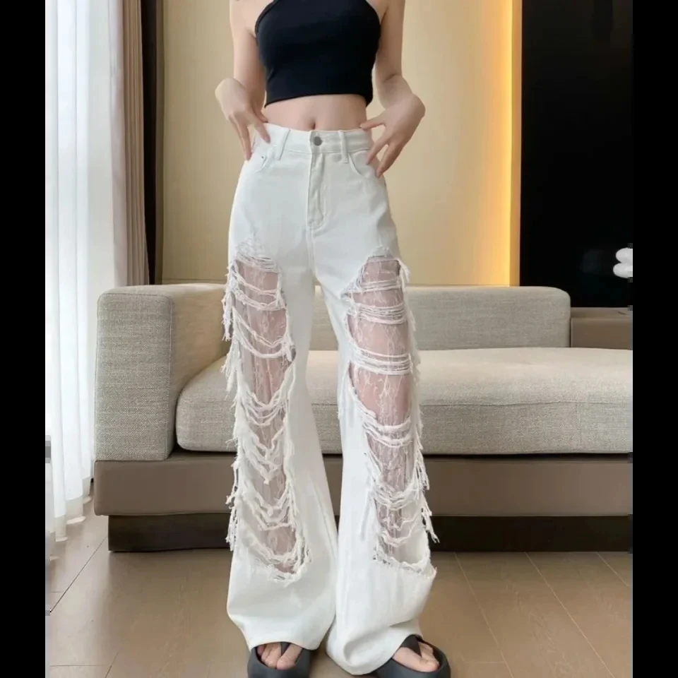 

White Lace Patchwork Wide Leg Jeans Women Summer Fashion Trend New Women's Clothing Pants for Woman