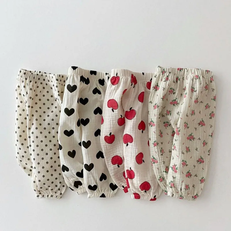 

Baby Pants Summer Thin Breathable Comfortable Kids Mosquito Pants Cotton Heart Dots Floral Apple Print Girls Casual Trousers