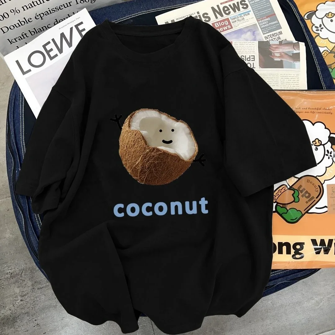 لطيف جوز الهند القطن الخالص قصيرة الأكمام تي شيرت للنساء صيف جديد 2025 فضفاض ومتعدد الاستخدامات عادية Ins لباس أبيض