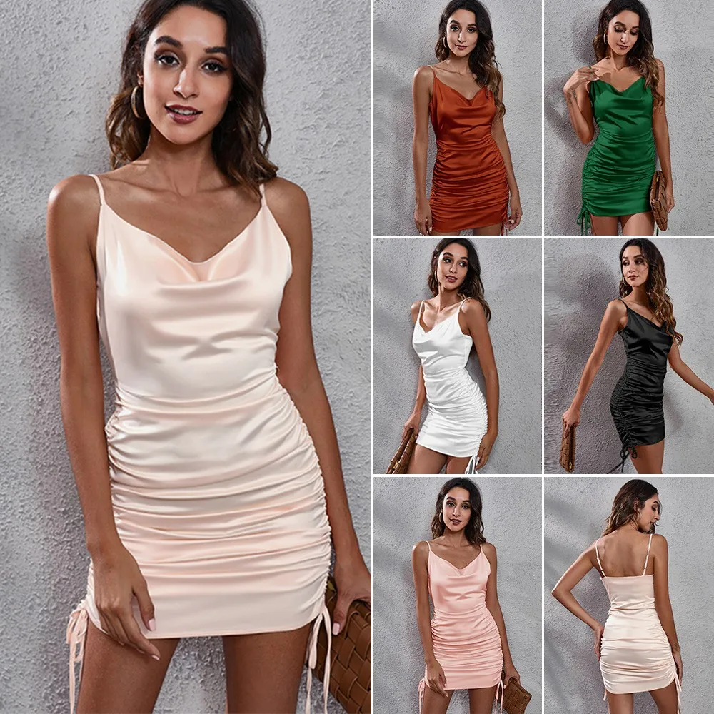 Summer Woman Dress Elegant Party Satin V Neck Backless Ruched Side Women's Evening Slip Dress Peach Mini Solid Color Sleeveless