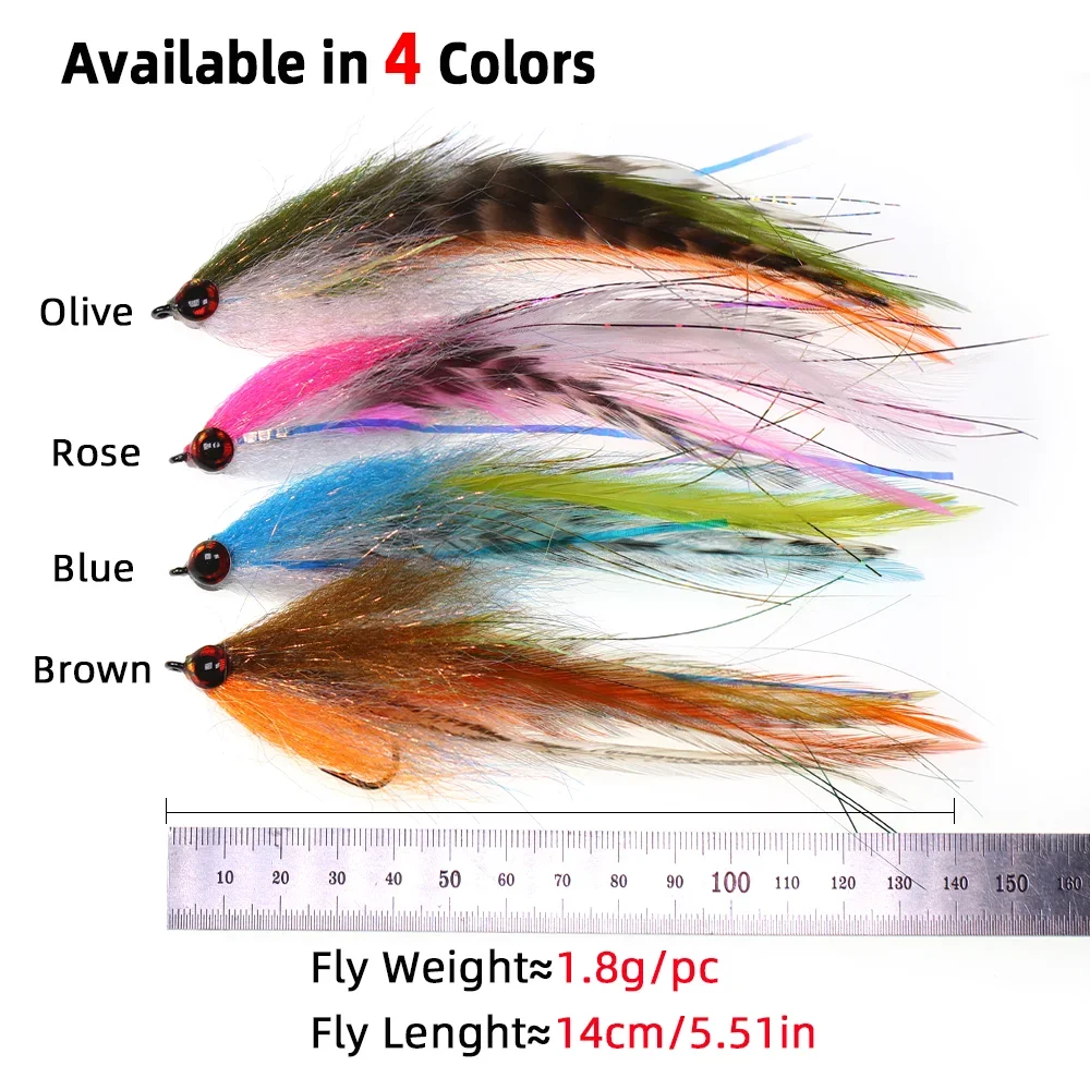 Wifreo 1pc/4pcs #2/0 Epoxy 3D Fish Eye Big Game Streamer Fly Grizzly Saddle Hackle Fly Fishing Flies Trout Muskie Fishing Lures