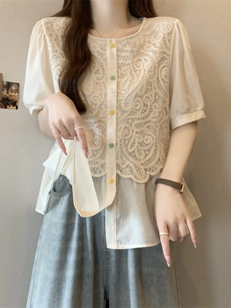 

Fashionable Lace Hollow out Chiffon Top Women Summer plus Size Conceal Belly Stylish Airy Fake Two-Piece Top Korean Loose Fit...