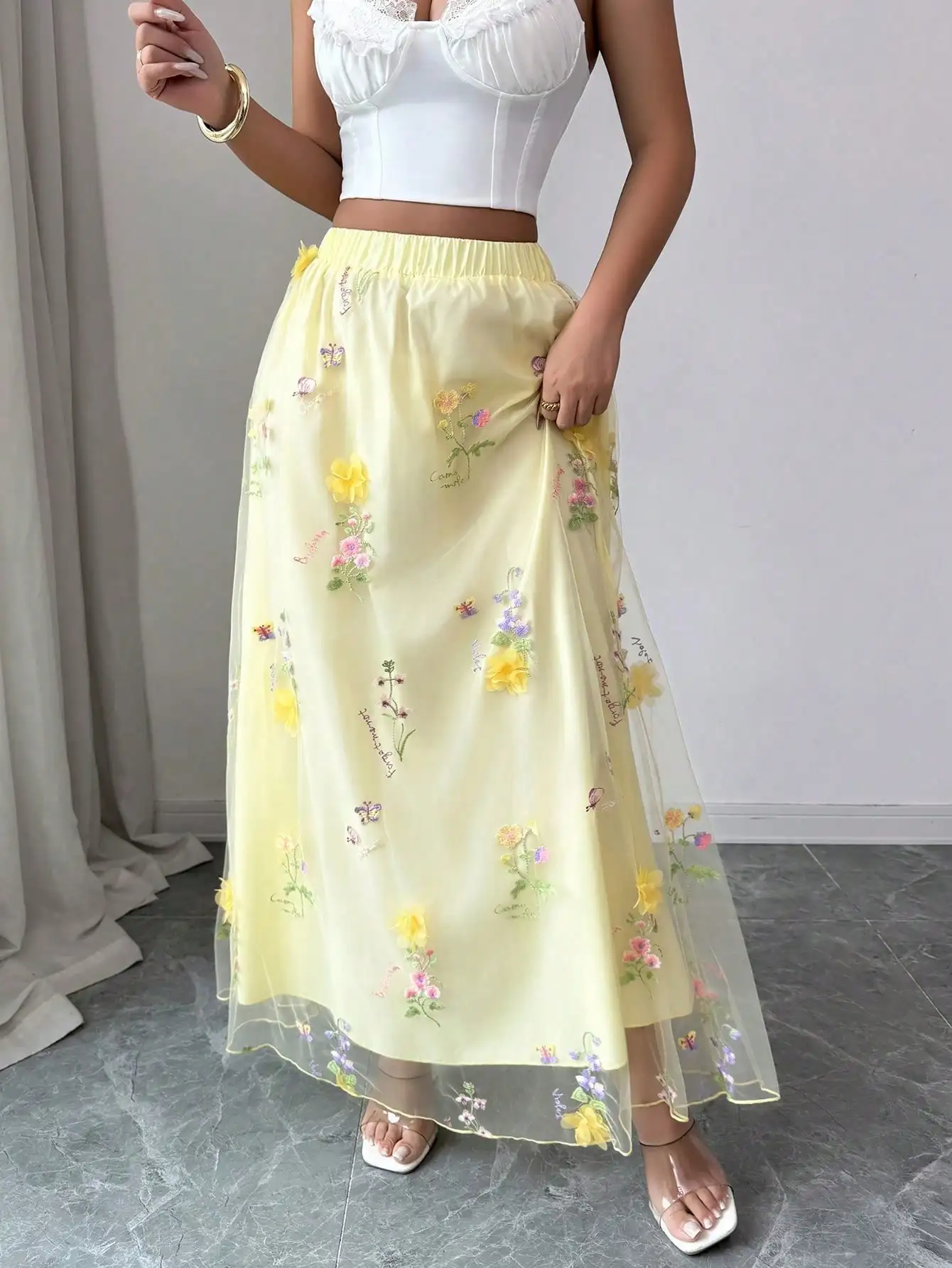 Women's Yellow Floral Embroidered Tulle Maxi Skirt High Waist Elastic A-Line Flowy Elegant Summer Spring Fairycore Long Skirt