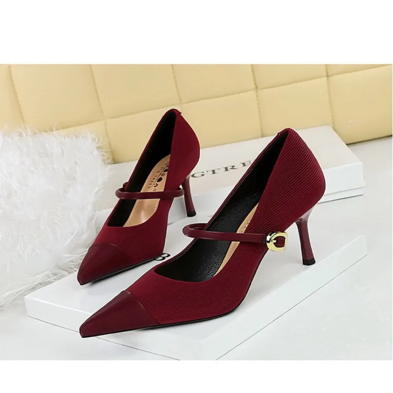 

BIGTREE Women Fashion Shoe Sexy Women Pumps Ankle Pointed Toe Wedding Metal Decoration Corduroy 7CM Thin Heels Dress Woman Shoes