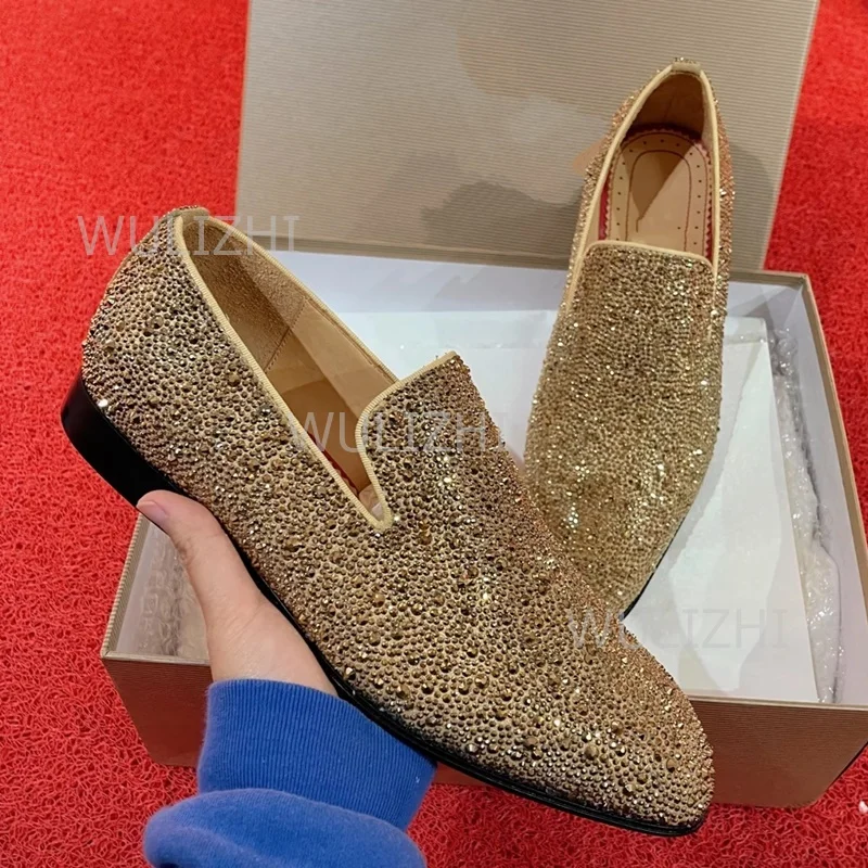 Gold Full Crystal Shiny Men's Loafers Wine Red Black Gradient Oxfords Flat Shoes Party Luxury Clogs Round Toe Casual Print Shoes view 2