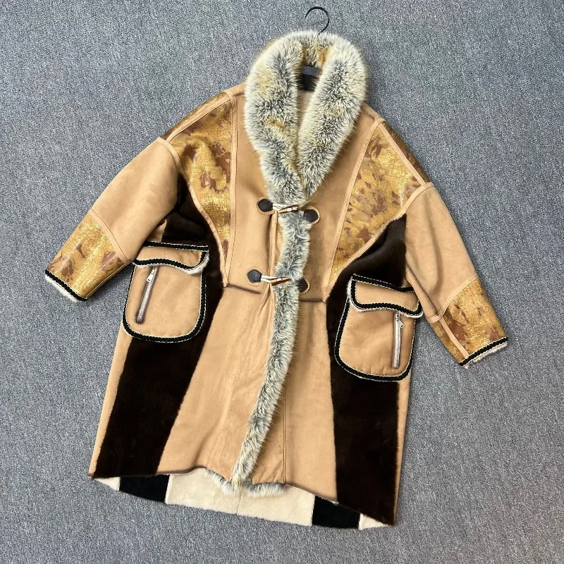 Woolen Coat Ladies 2025 Winter New Thickened Warm Faux Fur Integrated Fox Furry Collar Korean Style Loose Overcoat Outwear Women