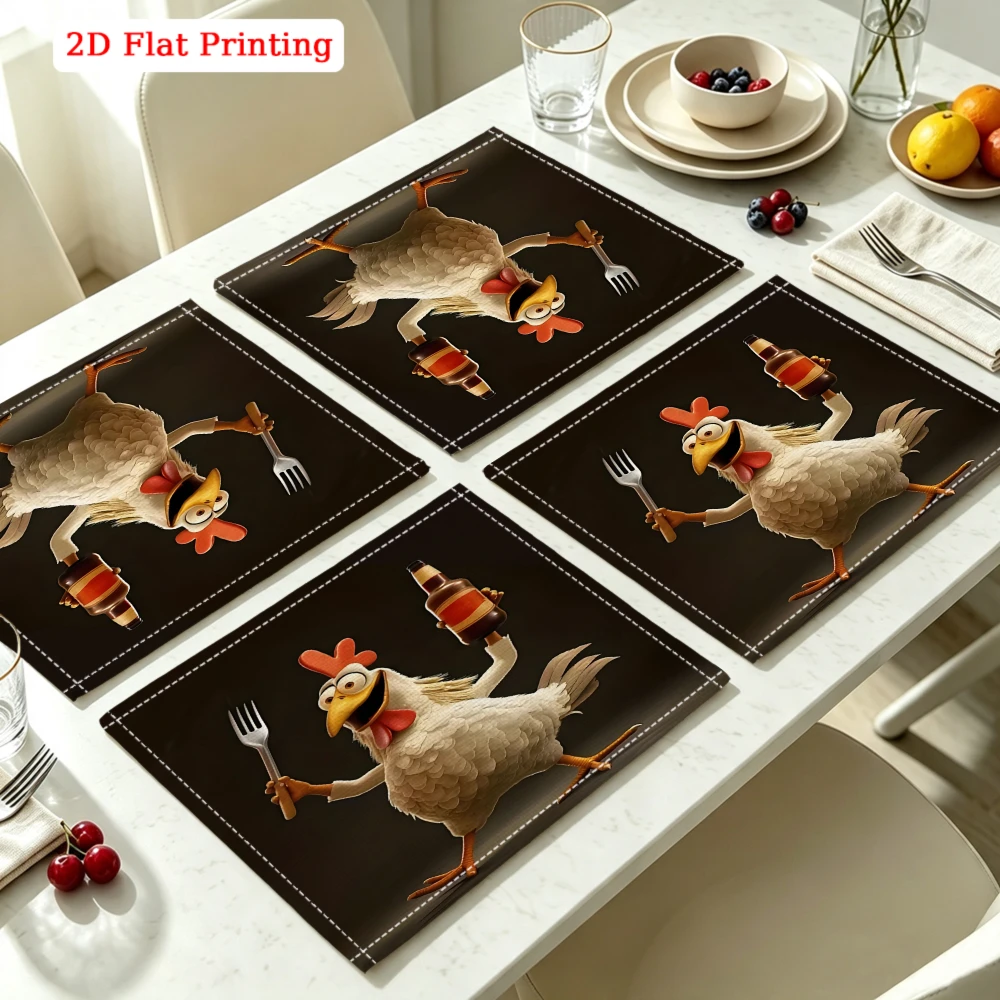 2Pcs Black Cartoon Chicken Holding Fork Placemat Non Slip Heat Resistant Kitchen Dining Decor 30X40Cm