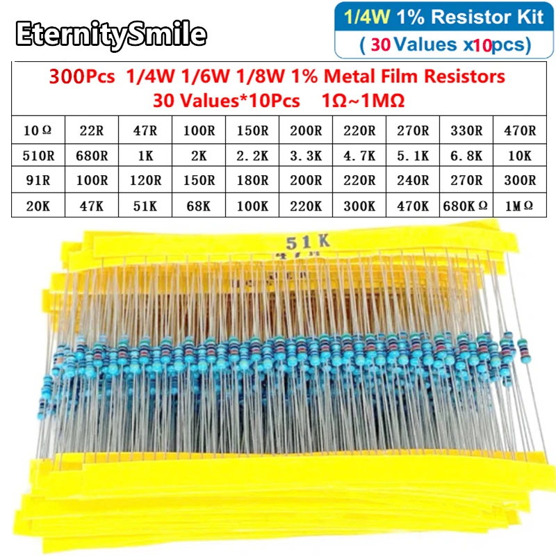 

300Pcs/Pack 30 Values 1/4W 1/6W 1/8W 1% Metal Film Resistors Kit 10Ohm-680OR-1k-680k-1M High Precision Resistance Set Assortment