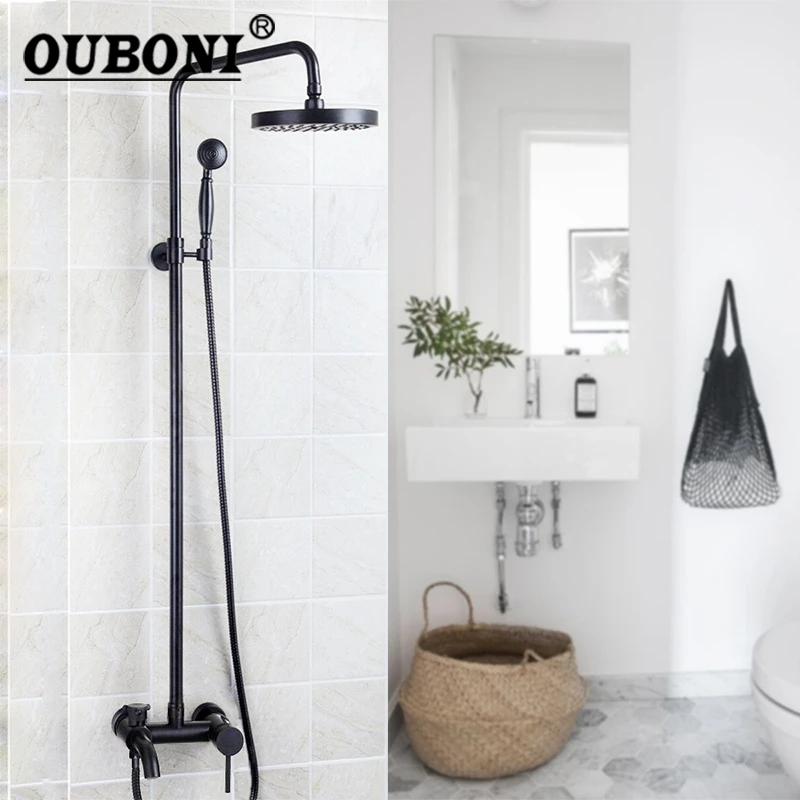 OUBONI-Juego de grifo de ducha de lluvia, sistema de ducha de latón antiguo y negro tradicional, grifo mezclador frío y caliente con cabezal de ducha de mano