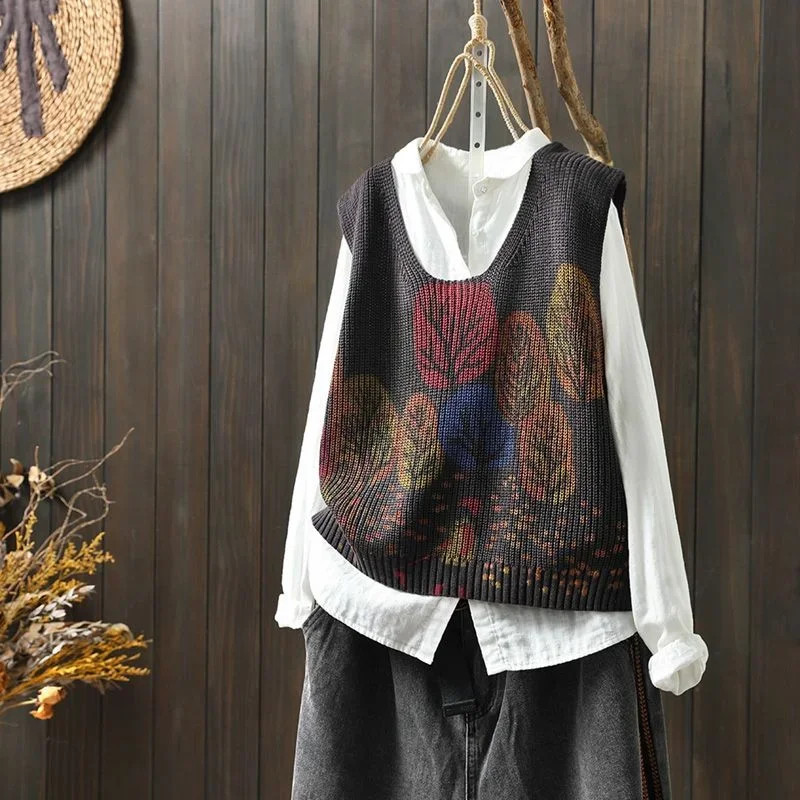 

Literary Retro Printed Cotton Knitted Loose Women's Autumn Winter V-neck Stacked Waistcoat Top Sweater Vest Trendy