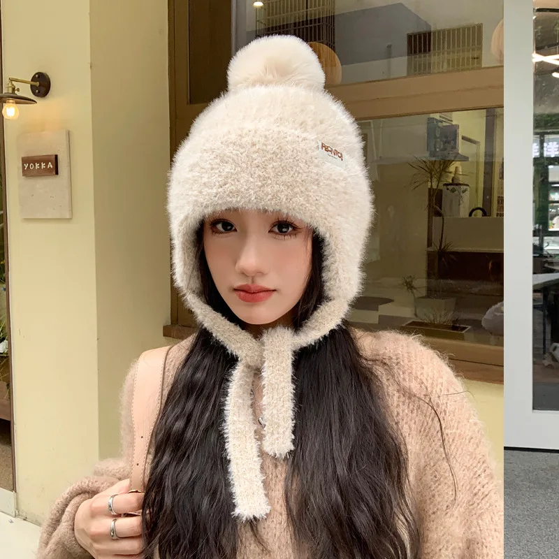 Winter Hairball ear-protection Hat Thickened Windproof cold-resistant Woolen Hat Letter Patch Cloth Hairy pull-over Knit Hat