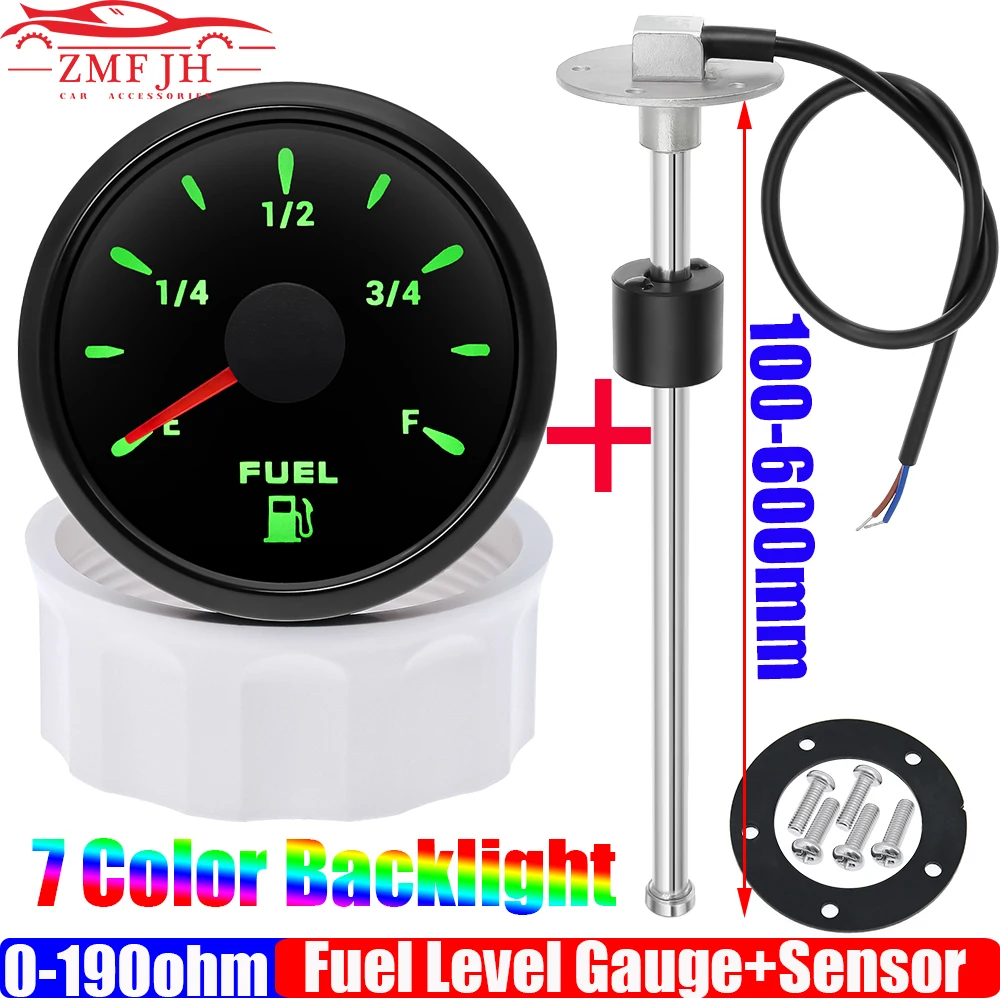 Sensore galleggiante carburante 0-190 ohm + indicatore livello carburante 52mm luce a 7 colori impermeabile IP67 indicatore misuratore serbatoio olio auto Yacht 12V 24V