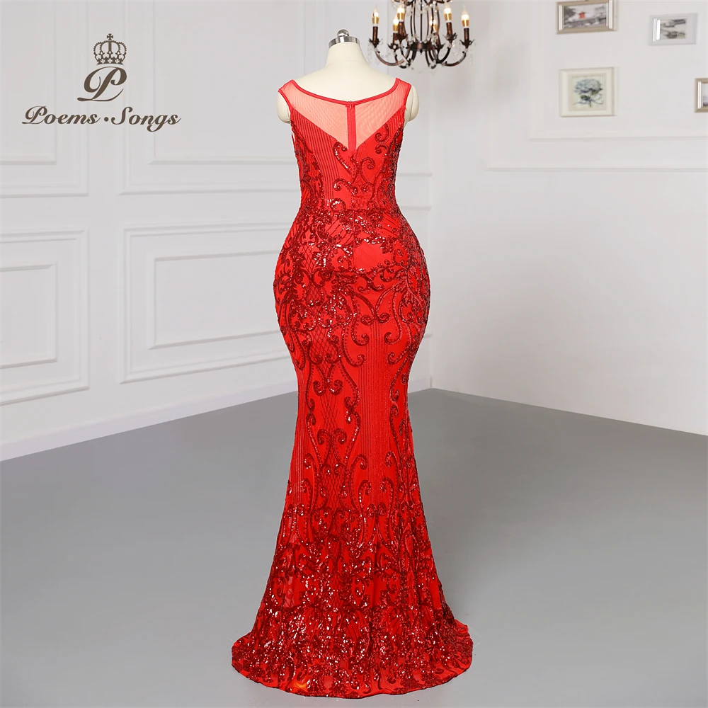 Plus size Sexy transparent yarn neck Red sequins Evening dresses prom dress evening gowns robe de soirée de mariage Maxi dress