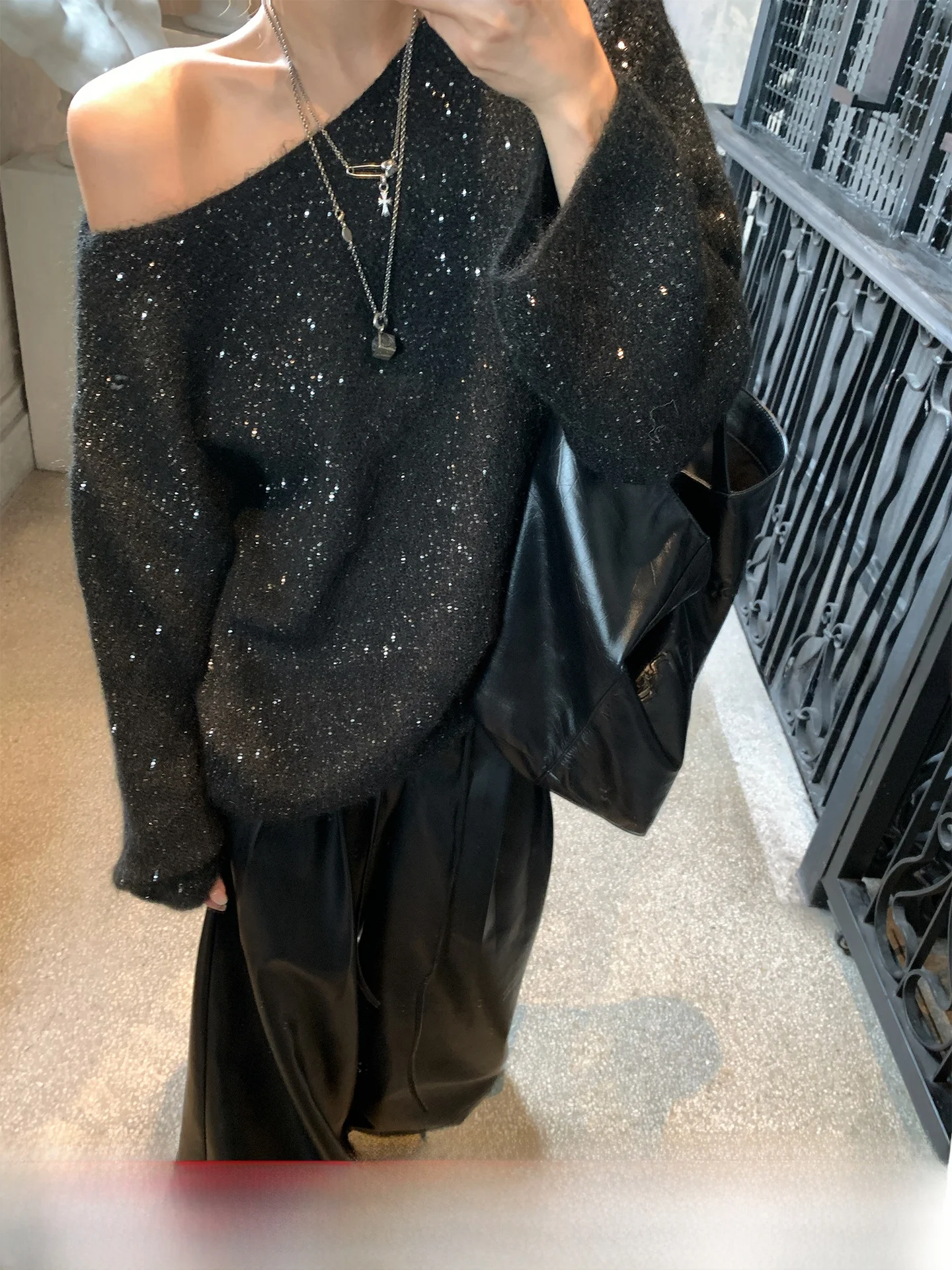 

GV Big Brother Soft iny oulder Bared Women's Woolen Sweater Autumn Season Commute Sle Loose Fit Long Sve Thermal