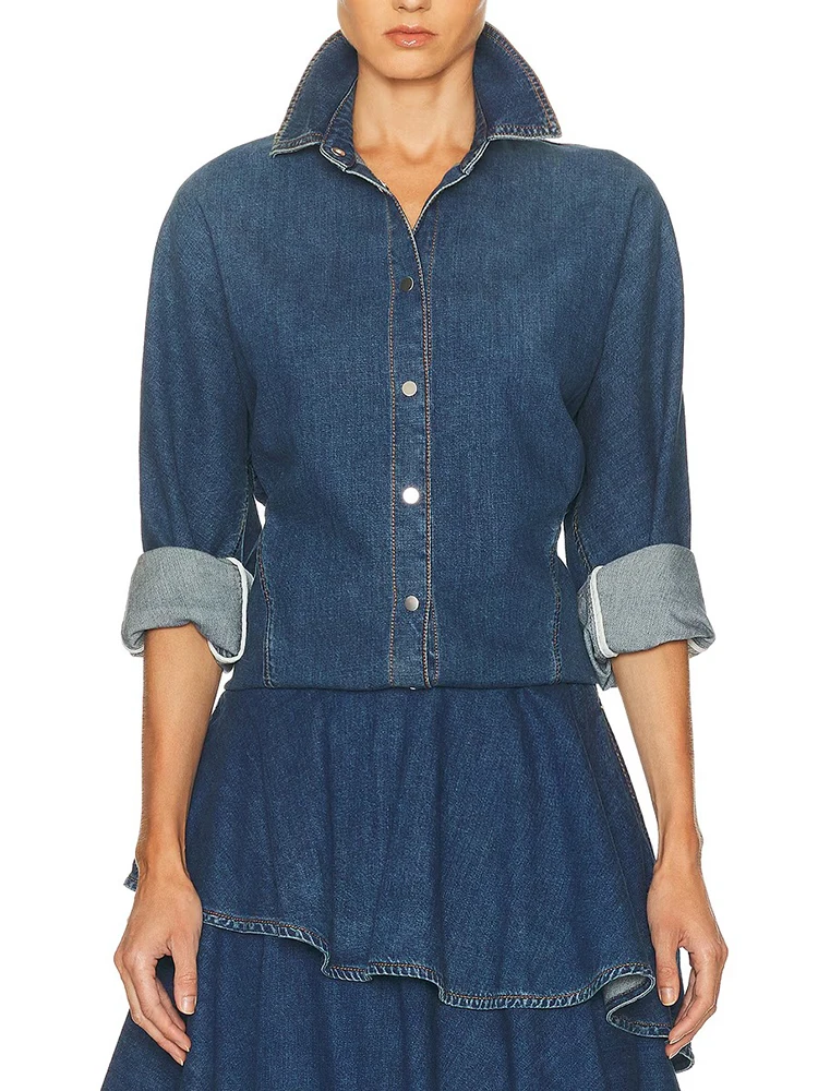 

Women's clothing Y2K autumn and winter washed collar single-breasted denim Women's shirts 2025 loose new style Long sleeve top