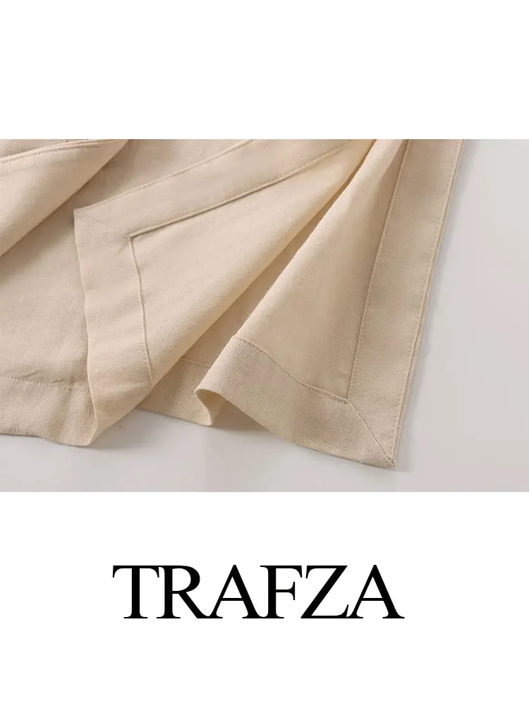 TRAFZA 2024 Summer Women Fashion 2 Piece Flax Suits Trend Solid Blazer Top + Versatile Chic Elegant Female Wide Leg Long Pant