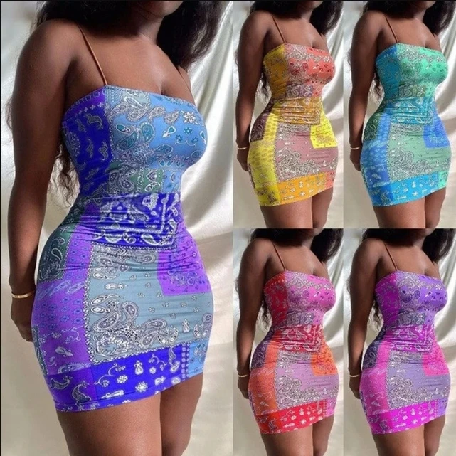 Letnia moda damska z nadrukiem Spaghetti Strap Dress Casual Beach Dress Simple Sleeveless Club Slim Bodycon Party Short Dress Mini