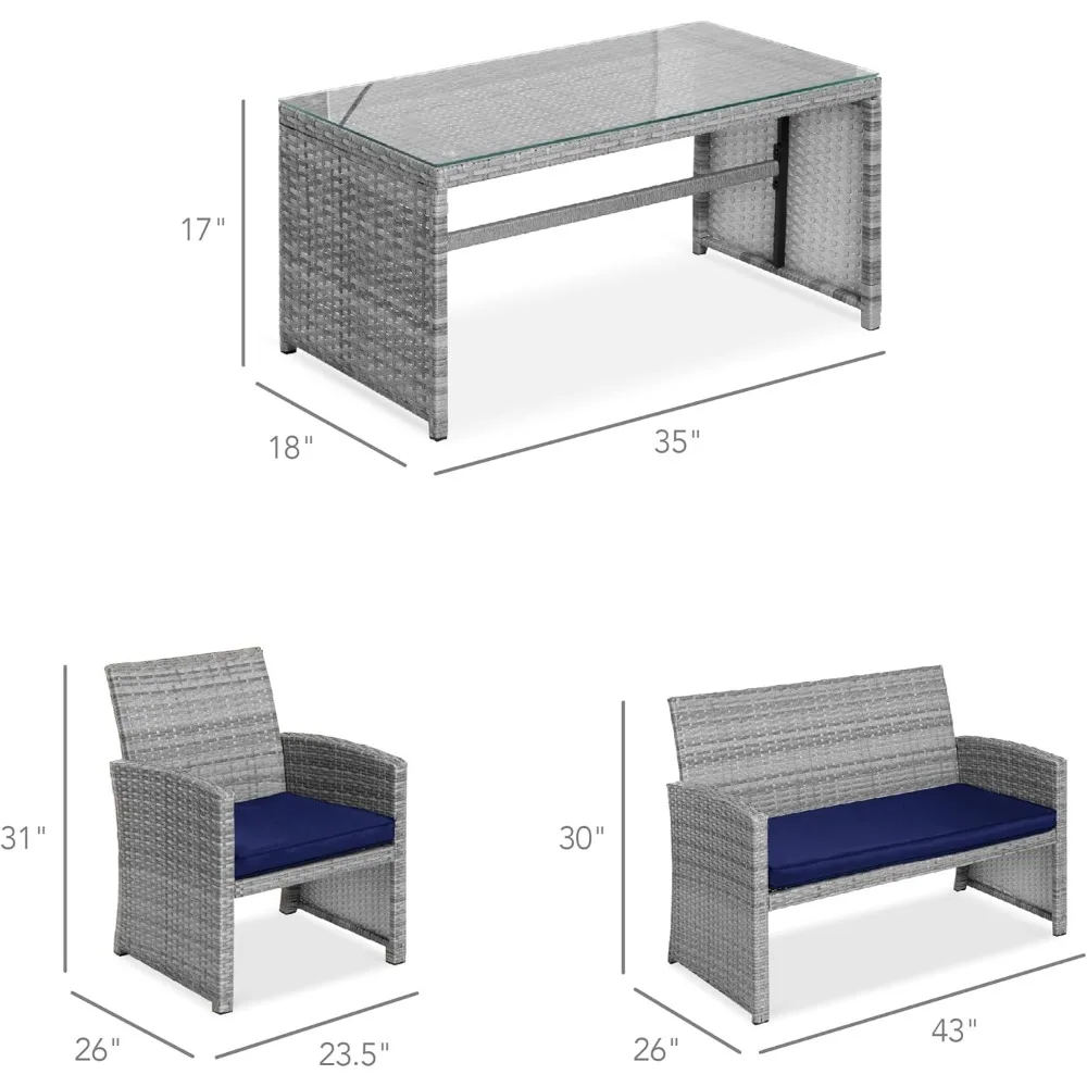 ชุดเฟอร์นิเจอร์สนทนาลานหวายกลางแจ้ง 4 ชิ้นสําหรับสนามหลังบ้านพร้อมโต๊ะกาแฟ เบาะรองนั่ง
