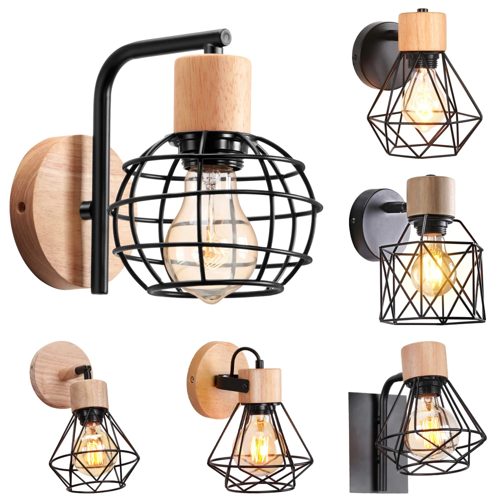 LED Wooden Wall Lights Vintage Wall Lamps Bedroom Bedside Lamp Shade Modern Wall Sconce for Kitchen Restaurant E27 Home Decor