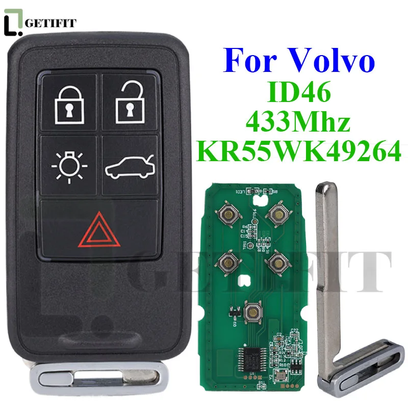 Smart Auto Car Key FCCID KR55WK49264 for Volvo XC60 S60 S60L V40 V60 S80 XC70 433Mhz FSK ID46 Car Key Fob Case Cover 5 Buttons