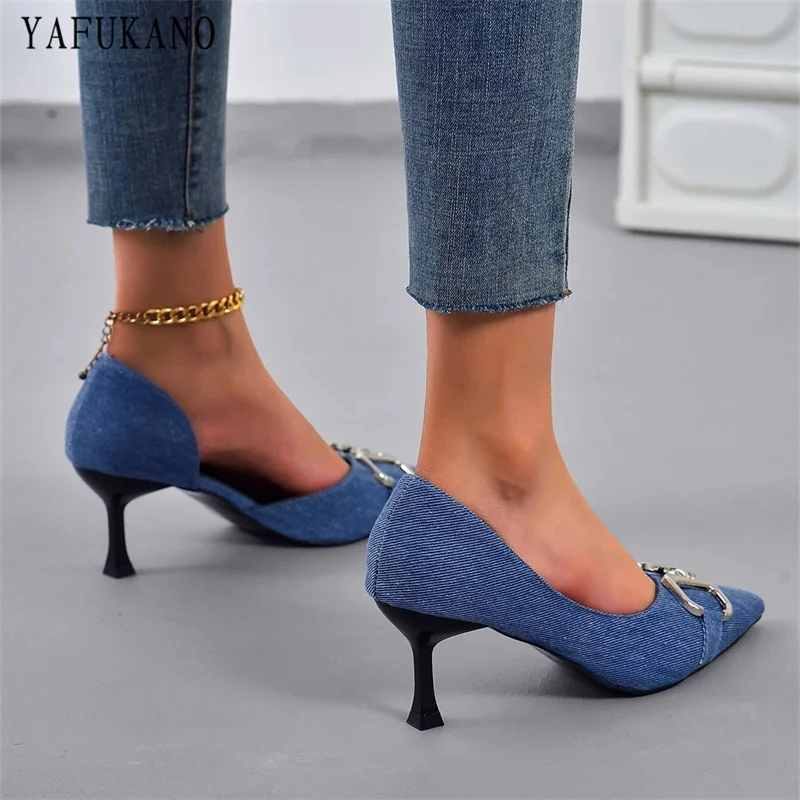 Metal Decor Point Toe Stiletto Denim Pumps Korean Style Fashion Side Empty High Heels French Slip-on Casual Single Shoes