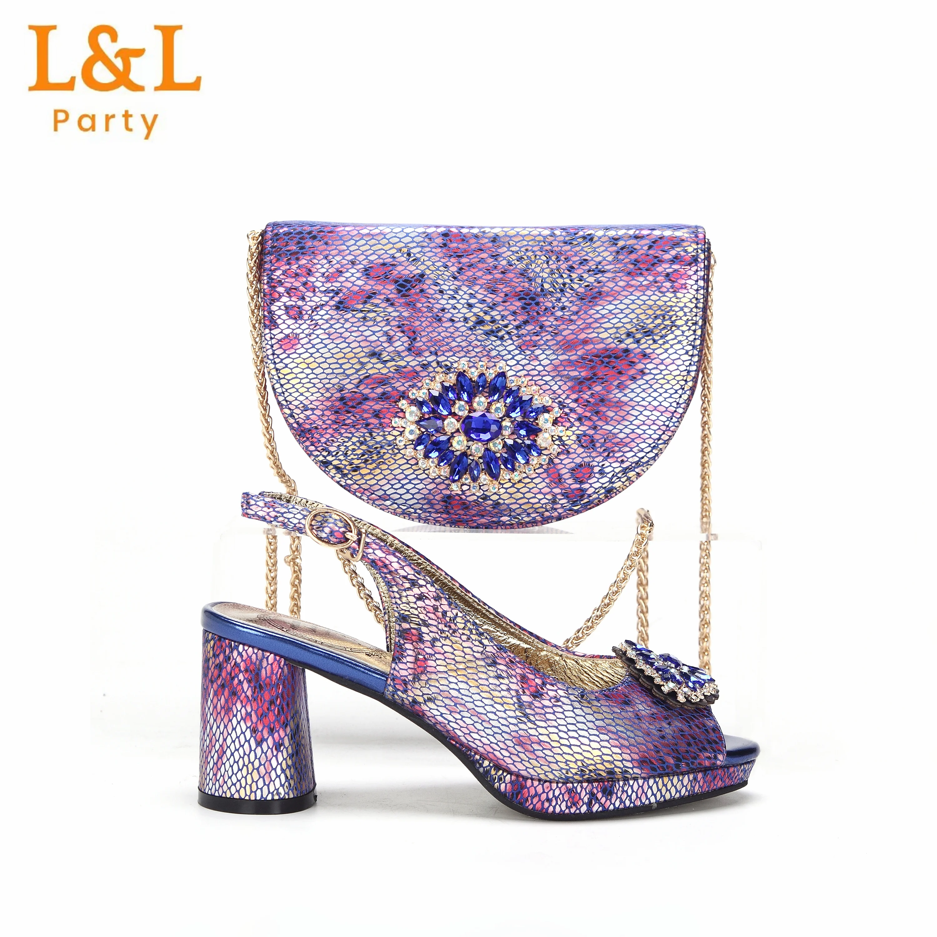 

2024 New Coming Peep Toe High Heels Snake Pattern Design Ladies Special Shoes Matching Bag Set For Wedding For Party in R.Blue