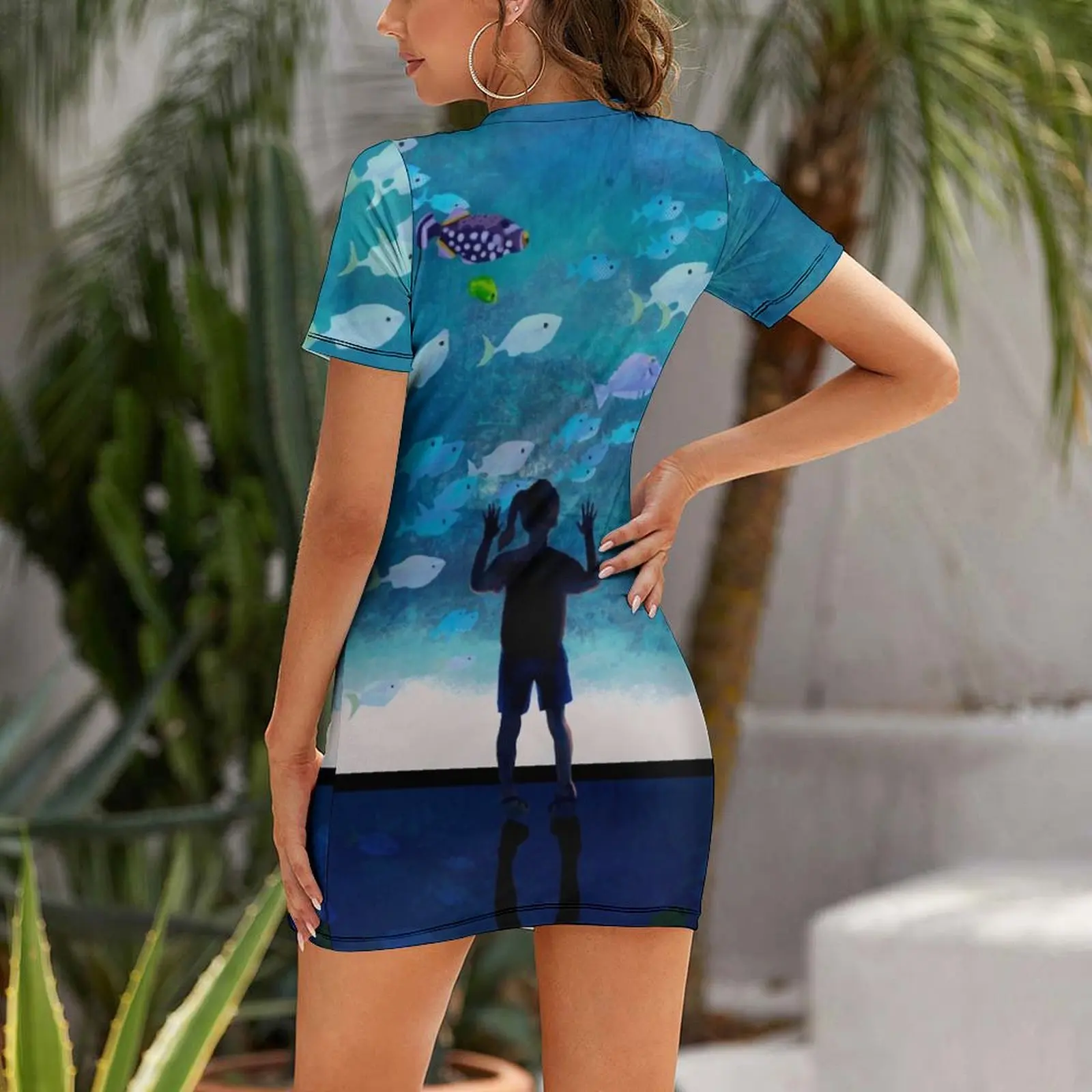 Sukienka z krótkim rękawem z motywem ryb, akwarium i dziecka (Ryby), luksusowa sukienka damska na przyjęcie, sukienka wieczorowa na bal maturalny.