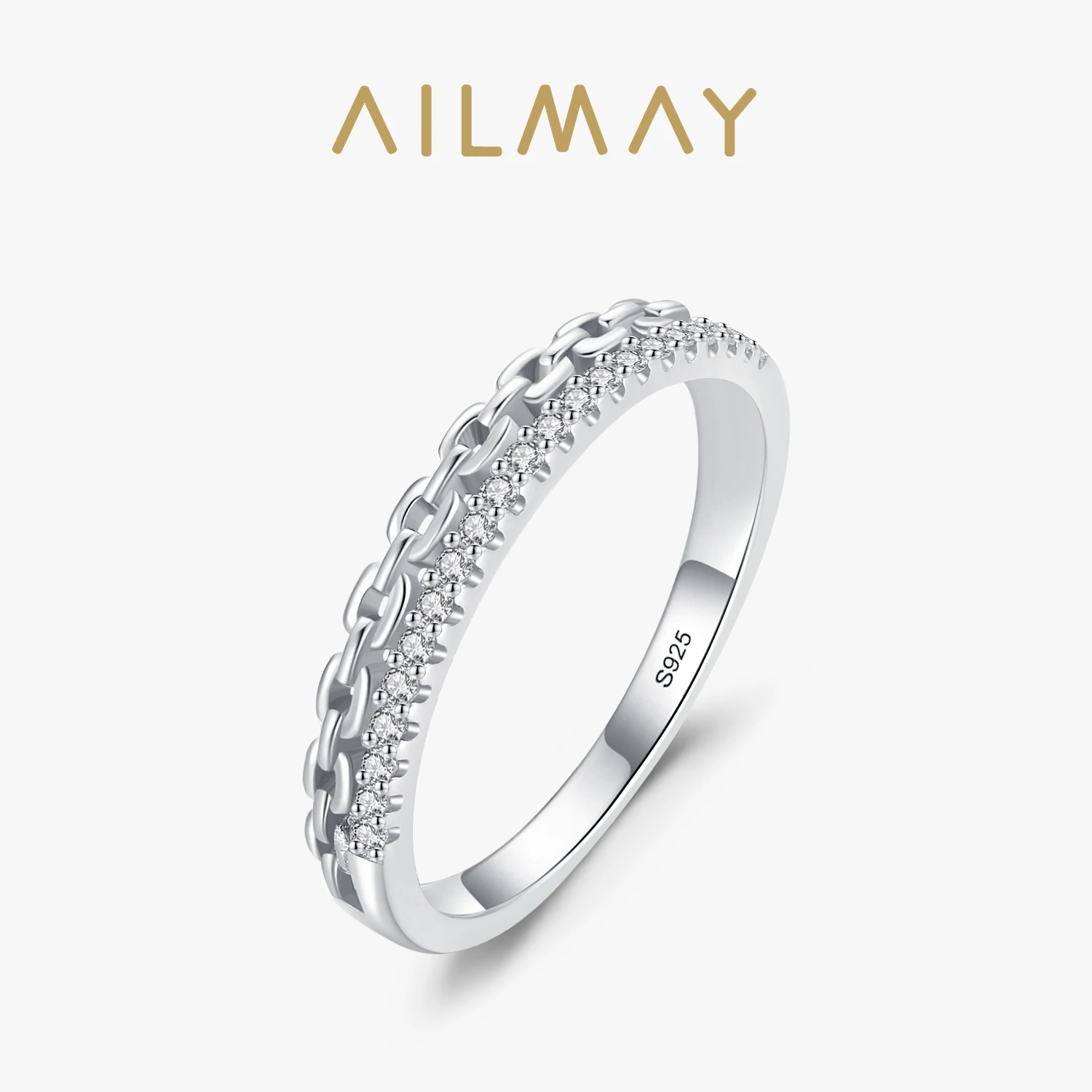 Ailmay Fashion 925 Sterling Silver Dazzling Zircon Chain Shape Stackable Finger Ring For Women Girls Party Accessories Jewelry