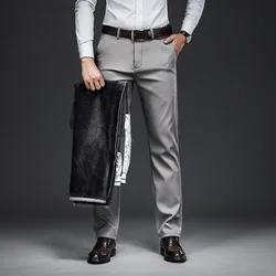 2024 New in Winter Pants Men Straight Stretch Fleece Thicken Warm Trousers Male Brushed Classic Golf Work Black Business Casual