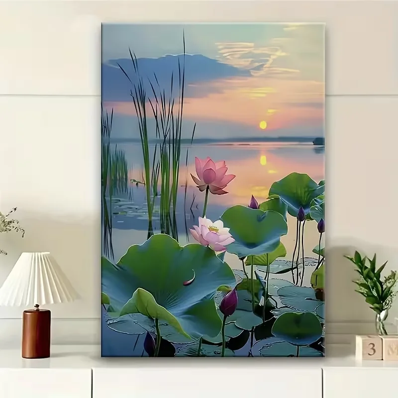 One Piece of Canvas Artwork Featuring Lotus Flowers by a Lake During Sunset, No Framed in Solid Pine Wood. This Vibrant Nature S
