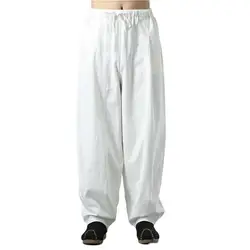 2026 Autumn Large Size Wide Leg Pants Men Casual Loose Trousers Chinese style Cotton Linen Pants Drawstring Joggers M-6XL White
