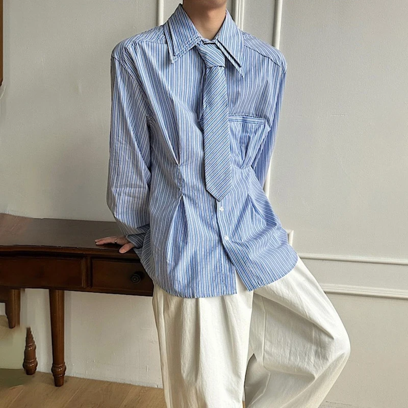 LUZHEN 2026 Spring Stripe Elegant Temperament Long Sleeve Shirts Men's Necktie Decorate Double Layer Neck Casual Clothes JY6781